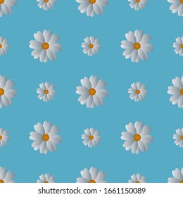 Camomiles. Delicate white flowers. Repeating vector pattern. Isolated blue background. Snow-white daisies. Seamless summer ornament. Delicate floral background. Flat style. Flowering plant. 