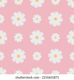 Camomiles. Delicate white flowers. Repeating vector pattern. Isolated pink background. White daisies. Seamless summer ornament. Delicate floral background. Flat style. Flowering plant. 