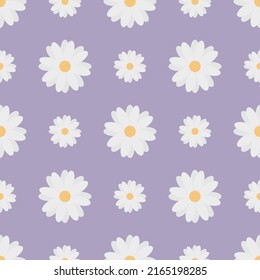 Camomiles. Flores blancas delgadas. Patrón vector repetitivo. Fondo morado aislado. Las margaritas blancas. Ornamento veraniego sin foco. Delicado fondo floral. Estilo plano. 