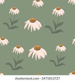 Camomiles flowers seamless pattern. Retro floral daisy endless background. Flower Chamomile ornament. Wildflowers stylized simple botanic continuous cover. Vector hand drawn illustration.