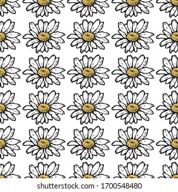Camomiles flowers seamless pattern. White camomiles on a white background. Simple summer floral print
