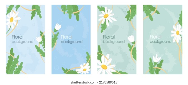 Camomile's leaves and flowers. Set of templates for cards, banners, posters, covers, or websites.  Flat illustration. Social media and stories and post background template with space for text.