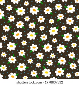 Camomiles on a brown background and blue circles. Pattern.