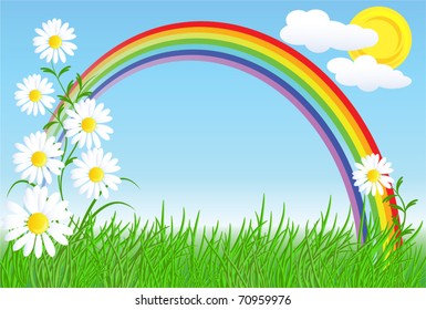 Camomiles, rainbow and blue sky