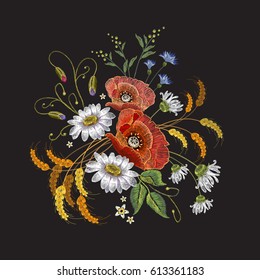 Camomiles and roses embroidery. Beautiful bouquet of chamomiles, roses. Classic embroidery pattern for clothes 