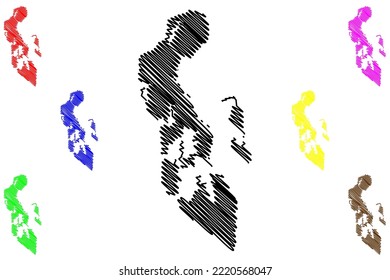 Camorta, Nancowry and Trinket Island (Republic of India, Nicobar Archipelago, Indian Ocean) map vector illustration, scribble sketch Kamorta, Nankovri or Nancowrie, Muot, Trinkat or Trinkut map