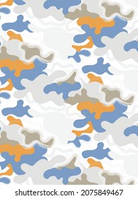 Camouflage abstract all-over vector print. Orange, blue and grey colour palette.