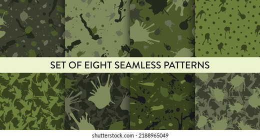 Camouflage abstract seamless pattern collection. Vector illustration. Printable. Military pattern set with hand painted spots, stains, splashes and dots in green, grey and black colours.