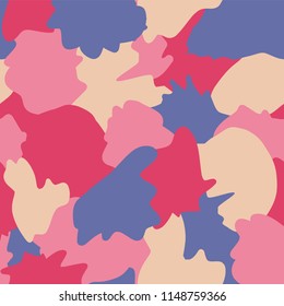 Camouflage abstract shapes seamless vector background. Pink, beige, purple shapes layered. Doodle background. Graphic illustration for wrapping, web backgrounds, paper, fabric, packaging, girl, women