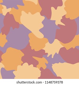 Camouflage abstract shapes seamless vector background. Orange, beige, purple, violet shapes layered. Doodle background. Graphic illustration for wrapping, web backgrounds, paper, fabric, packaging