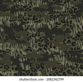 Camouflage abstraction, vector seamless pattern, leopard and zebra spots, trendy design for printing clothes, fabric