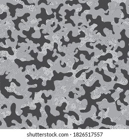 Camouflage Army Black Seamless Fashion Vector Design. Gray Camouflage Seamless Pattern. White Repeated Soldier Graphic Camouflage. Winter Seamless Circle Graphic Wallpaper. Gray