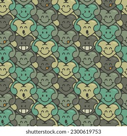 Camouflage army seamless pattern design with happy hearts emoji vector illustration, Decor for valentine's day.