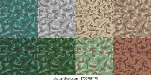 El ejército de camuflaje estableció un patrón sin fisuras. Patrón o fondo sin fisuras de textura militar. 8 motivos de marrón y verde sin costura. Ilustración vectorial