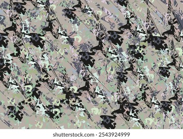 Camouflage backdrop with chaotic colored splashes for textiles or prints on T-shirts. Dynamic ornamental motifs for fashion trends, business concepts, covers, scrapbooking or interior solutions, tiles