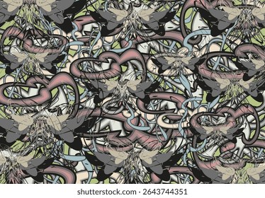 Camouflage backdrop created by butterfly wings and linear elements for fabrics or prints. Ethnic chaotic motifs for covers, scrapbooking, tiles, fashion trends, textiles, wallpaper, dynamic posters