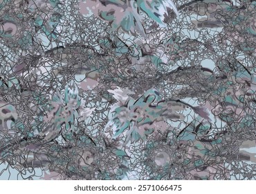 Camouflage backdrop with floral elements for textiles or prints. Chaotic floral motifs for fashion trends, business concepts, covers, scrapbooking, interiors, tiles, fabrics, posters, etc. Vector