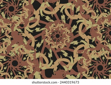 Camouflage backdrop with twirled dragon motifs for fabrics or covers. Textured backdrop in golden-brown-green tones for fashion trends, business concepts, scrapbooking, interiors, tiles, prints, etc.