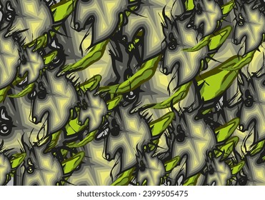 Camouflage background with horse head and green leaf elements for textiles or fabrics. Grunge backdrop for business concepts, covers, fashion trends, posters, scrapbooking, tiles, carpets or interiors