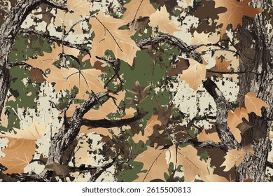 Camouflage background. Hunting pattern. Forest background. Digital camouflage. Real tree hunting camouflage seamless pattern design. Tree Pattern. Oak tree. Deer hunting.	
