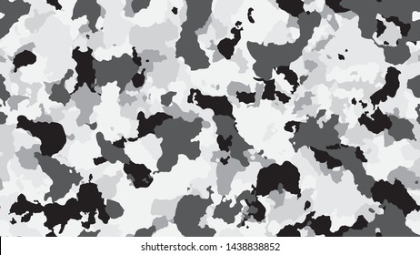 Camouflage background. Modern army texture. Military seamless pattern for textile. Black and white trendy banner. Multicolored combat design. Vector illustration.