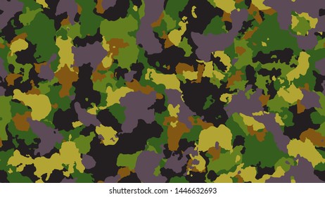 Camouflage background. Modern army texture. Military seamless pattern for textile. Green hipster flyer. Multicolored combat design. Vector illustration.