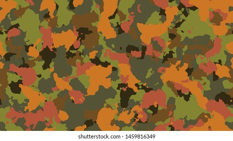 Camouflage background. Modern army texture. Military seamless pattern for textile. Orange vintage banner. Multicolored combat design. Vector illustration.