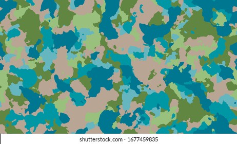 Camouflage background. Modern army texture. Military seamless pattern for textile. Blue creative invite. Multicolored combat design. Vector illustration.