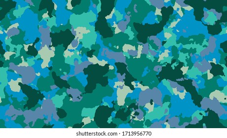 Camouflage background. Modern army texture. Military seamless pattern for textile. Blue creative invite. Multicolored combat design. Vector illustration.