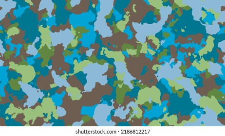 Camouflage background. Modern army texture. Military seamless pattern for textile. Blue minimal banner. Multicolored combat design. Vector illustration.