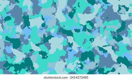 Camouflage background. Modern army texture. Military seamless pattern for textile. Blue stylish poster. Multicolored combat design. Vector illustration.