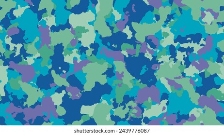 Camouflage background. Modern army texture. Military seamless pattern for textile. Blue trendy poster. Multicolored combat design. Vector illustration.