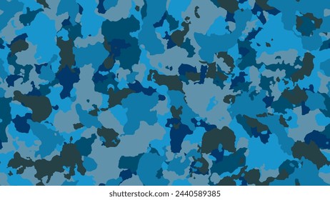 Camouflage background. Modern army texture. Military seamless pattern for textile. Blue vintage poster. Multicolored combat design. Vector illustration.