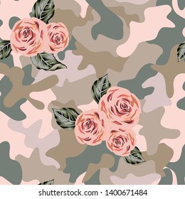 Camouflage background with pink rose, gray leaves bouquets. Vector floral illustration. Seamless pattern. Romantic garden flowers. Summer nature