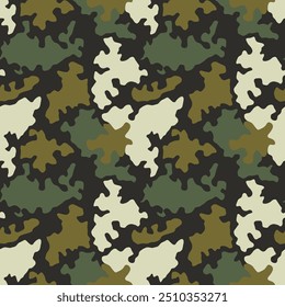 Camouflage background, seamless pattern. Classic military clothing style. Masking camo hunter print. Green brown black olive colors texture for forest and woodland. Vector illustration