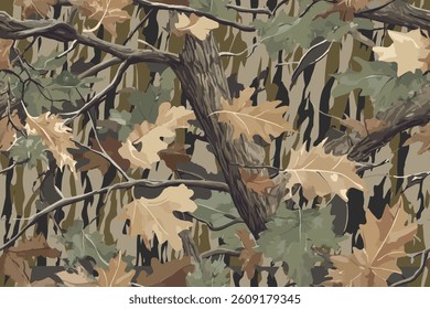 Camouflage background. Vector hunting camouflage seamless pattern design. Deer hunting, forest, bottom land camouflage. Realistic tree seamless pattern. Digital camouflage