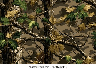 Camouflage background. Vector hunting camouflage seamless pattern design. Digital camouflage. Deer hunting, forest, jungle texture. Realistic tree seamless pattern
