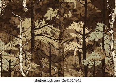 Camouflage background. Vector hunting camouflage seamless pattern design. Deer hunting, forest. Realistic tree seamless pattern. Digital camouflage