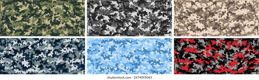 Camouflage backgrounds or banners in green, black and grey, brown, blue and red colors