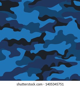 
Camouflage blue modern seamless pattern. Winter Military, hunting, fishing. The print on the fabric on the paper. Vector design