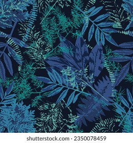 Camouflage blue pattern with leaves, foliage, grass. Grunge rough silhouette of nature elements, motifs. Dark illustration for t shirt design, textile, sport clothing, goods.