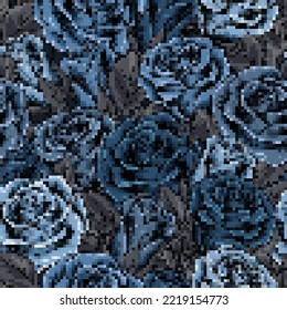 Camouflage blaues Muster mit üppig blühenden Rosen. Pixel-Retro-Effekt. Dichte Zusammensetzung mit überlappenden Elementen. Army- oder Jagdmasken für Bekleidung, Gewebe, Textilien, Sportartikel.