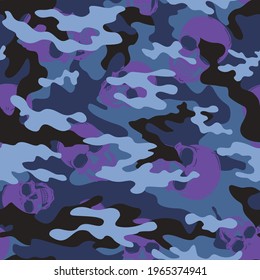 
Camouflage blue vector background with skulls, modern pattern. Seamless pattern.