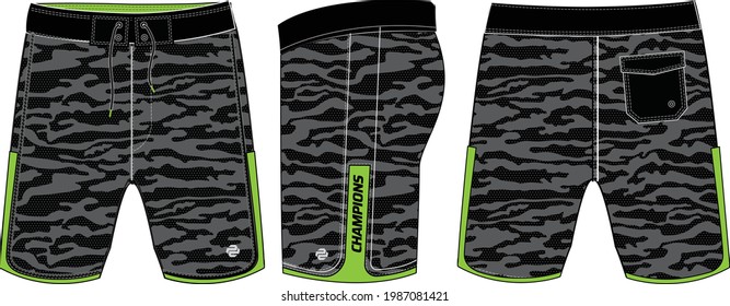 Camouflage Board Shorts design vector template, Swim shorts concept with front and back view for Surfing, Football, basketball, Volleyball, tennis, badminton and running active wear shorts design.