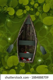 Camouflage boat floats through the swamp with water lily leaves, top view. Landscape of a green river or ocher surface with aquatic plants. Vector