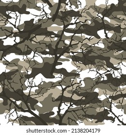 Camouflage mit Ästen. Grauer Hintergrund für Kleidung. Vektorgrafik.