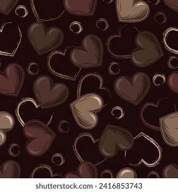 Camouflage brown pattern with hearts. Grunge outline silhouettes of hearts, circles behind. Dark illustration for woman t shirt design, textile, sport clothing, goods.