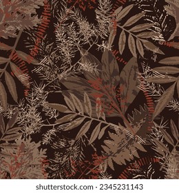 Camouflage brown pattern with leaves, foliage, grass. Grunge rough silhouette of nature elements, motifs. Dark illustration for t shirt design, textile, sport clothing, goods.