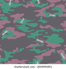 Camouflage-Bugs, Käfer-Insekten nahtlos Muster-Hintergrund-Druck. Vektorgrafik. Ideal für Kinder, Kleidung und Projekte im Bereich der Inneneinrichtung. Oberflächenmuster-Design.