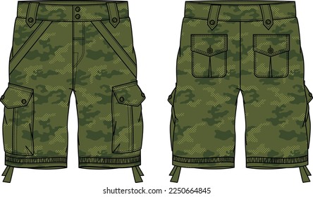 Camouflage Chino Cargo Shorts design flat sketch vector illustration, denim casual shorts concept with front and back view, printed Cargo utility bermuda shorts design illustration